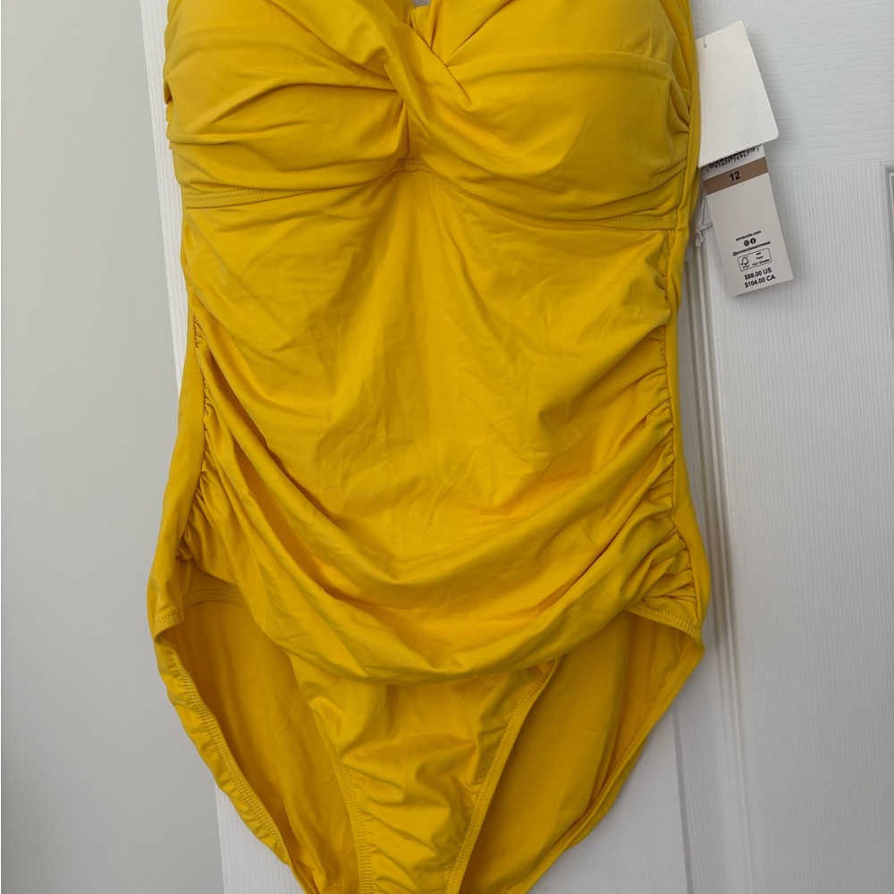 NWT Anne Cole Sunny Yellow Ruched One-Piece Swimsuit - Picture 2 of 5